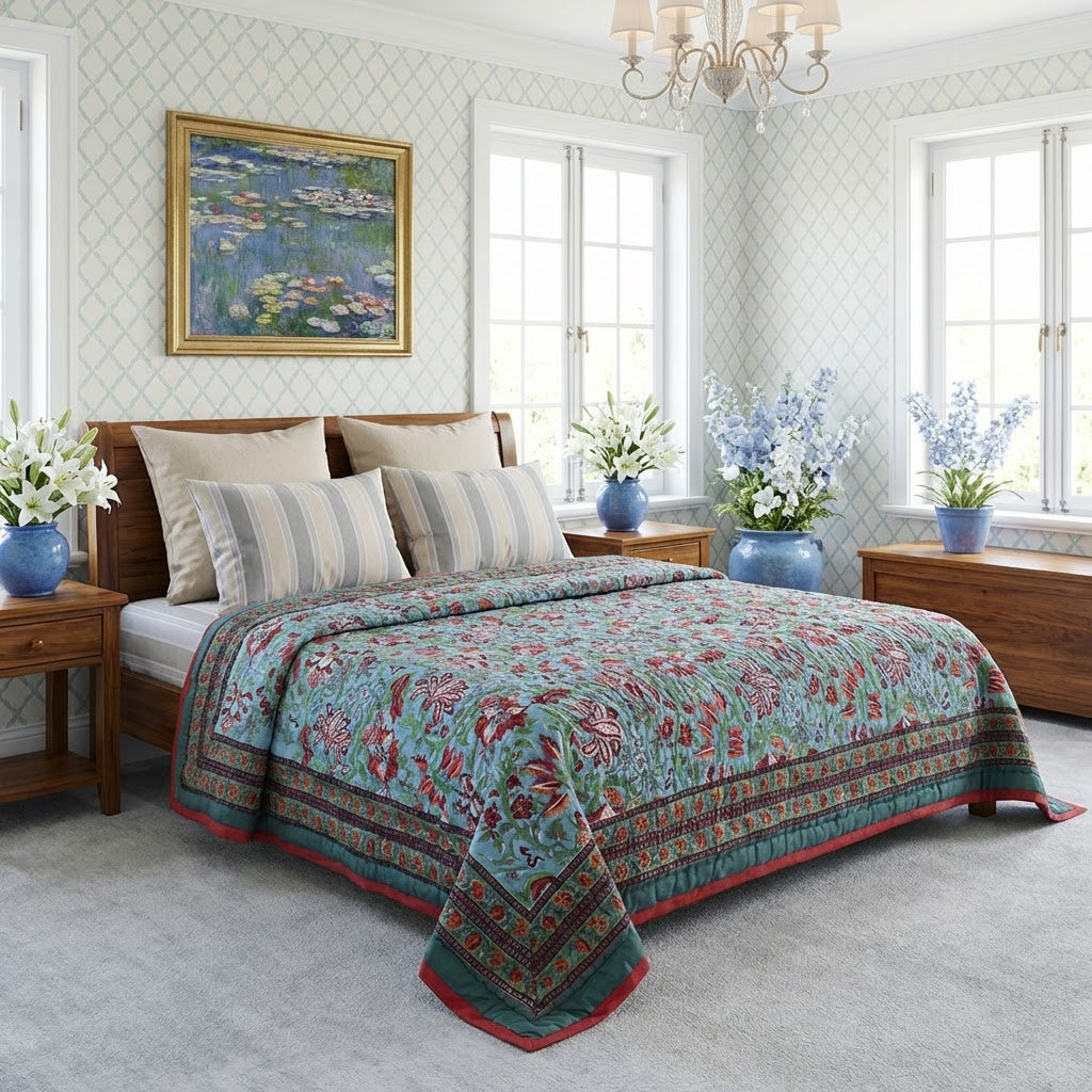 A patterned quilted comforter in teal, red, and beige with matching striped pillows, styled on a wooden bed in a bright, modern bedroom with floral wall art and blue flower arrangements.