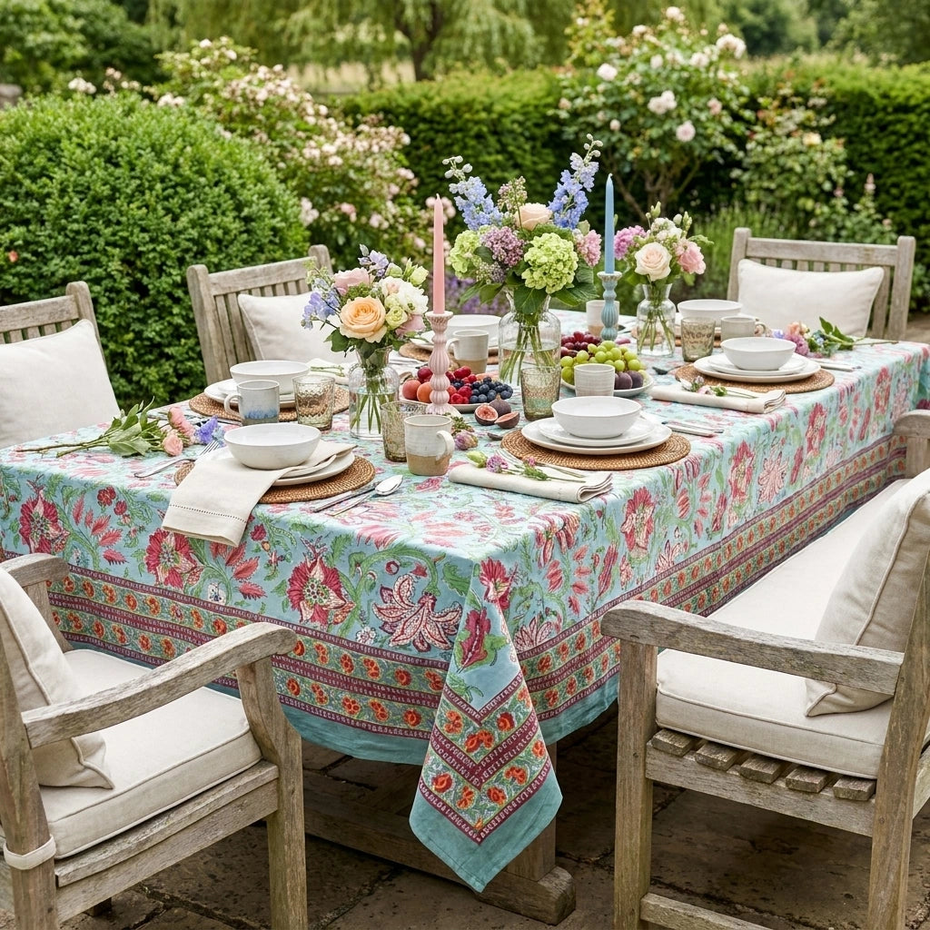 A rectangular outdoor dining table set with a turquoise floral tablecloth, white plates, folded napkins, glassware, and floral centerpieces, surrounded by wooden chairs in a garden setting.