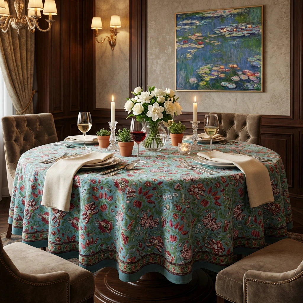 A round dining table set in a richly decorated room, covered with a turquoise floral tablecloth featuring pink, red, and green botanical patterns. The table is set with white and red wine glasses, folded cream napkins, candles, and a central white rose bouquet.