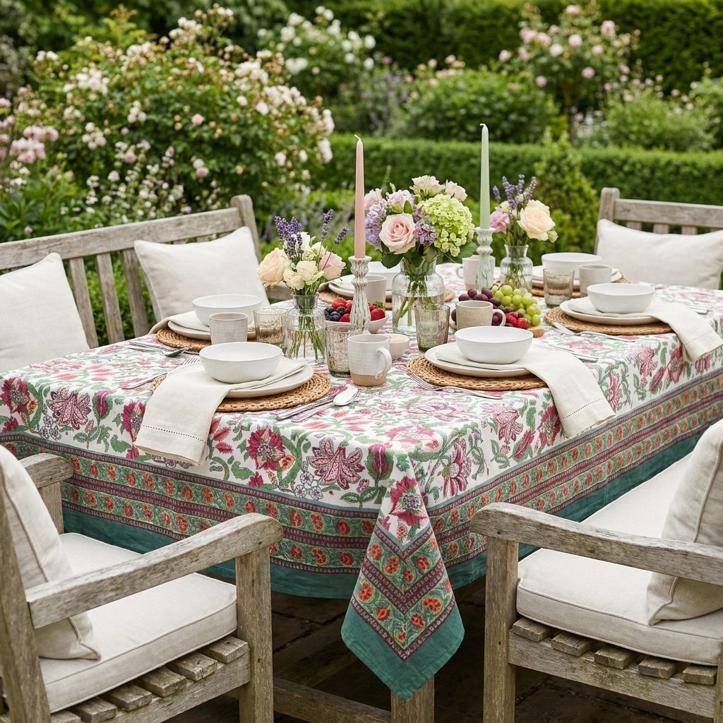 A garden dining table set with a floral tablecloth, white ceramic bowls and mugs, woven placemats, and multiple floral centerpieces, surrounded by wooden chairs with cream cushions in a lush rose garden.