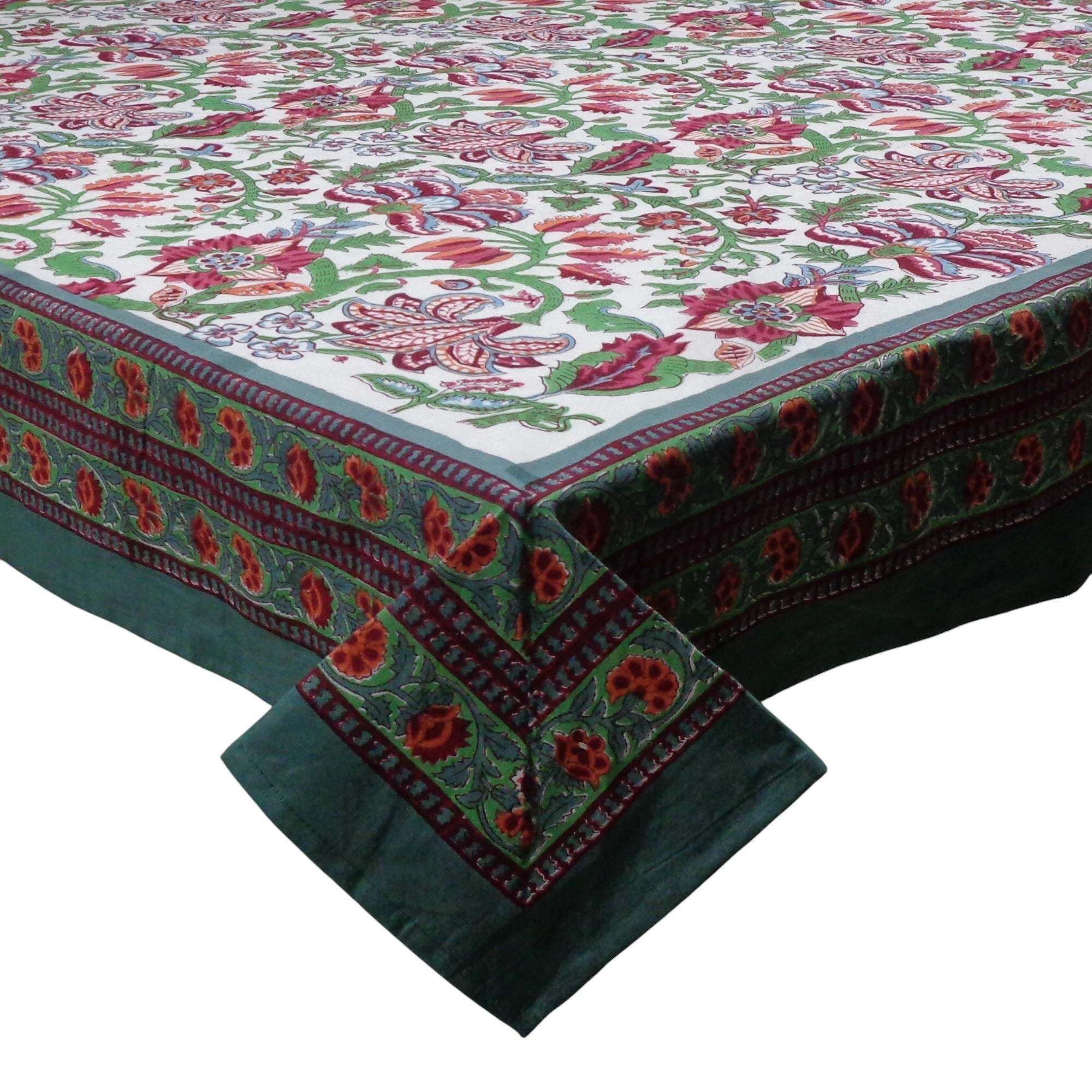 Floral patterned tablecloth with green border on a white background
