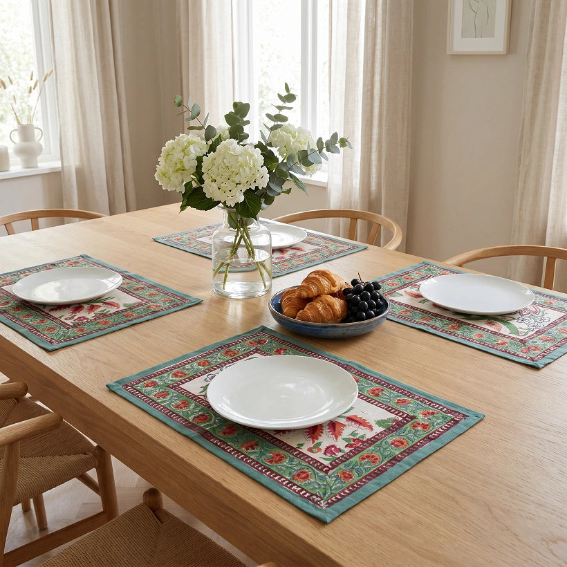A dining table set with four rectangular woven placemats featuring a colorful floral and geometric border design. Each placemat is styled with a white plate, a glass vase of white flowers, and a bowl of pastries and grapes, set in a bright, modern dining room.