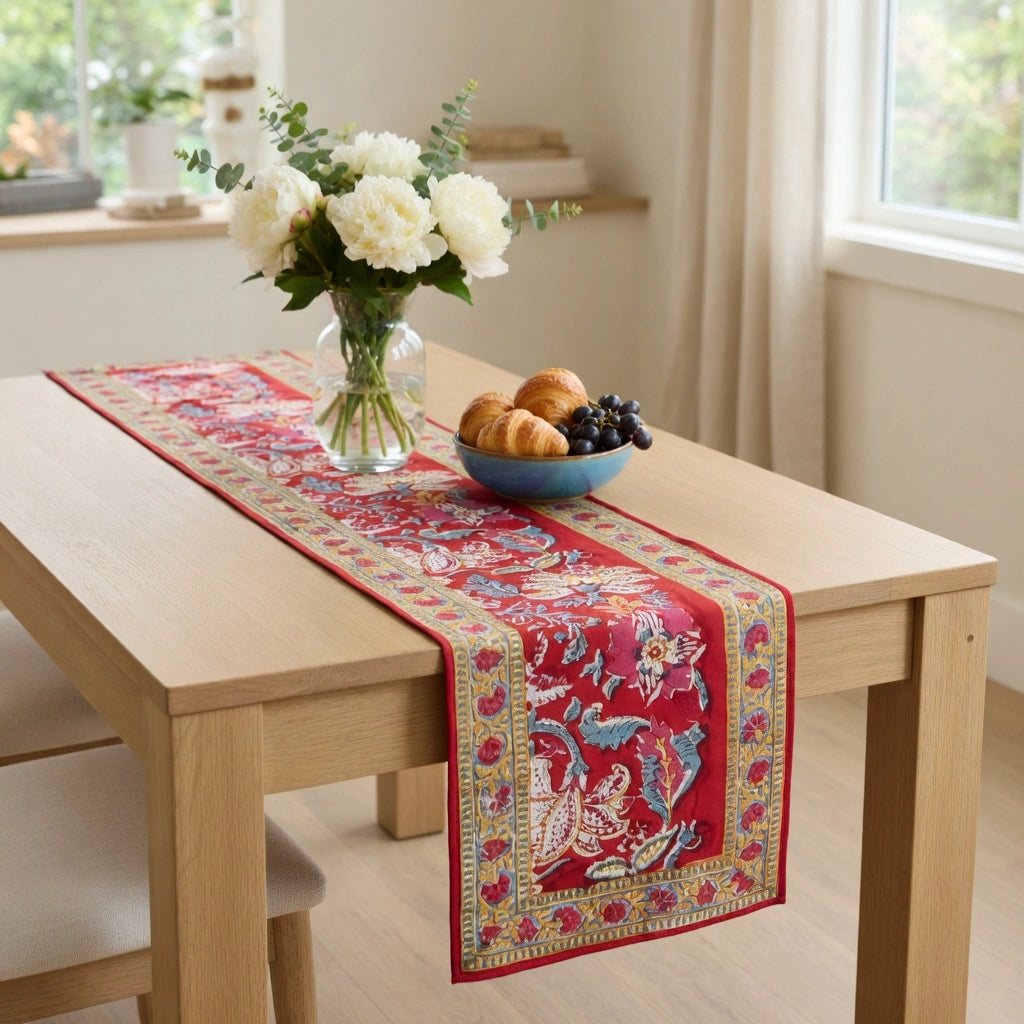 A red table runner with ornate multicolor floral and bird patterns draped over a light wood dining table, styled with a vase of white flowers and a bowl of fruit in a bright room.