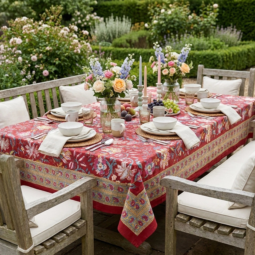 A red outdoor dining tablecloth with a floral and ornamental border pattern, styled on a wooden table set with white plates, folded napkins, candles, and two flower arrangements in a garden setting.