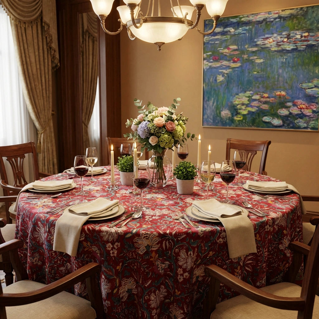 A round dining table set for six with a red and beige floral tablecloth, folded cream napkins, wine glasses, candles, and a floral centerpiece, in a warmly lit dining room with a large Monet-style pond painting on the wall.