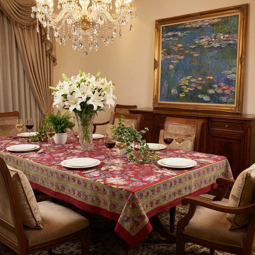 Party Tablecloth in Red Hand Block Printed Cotton