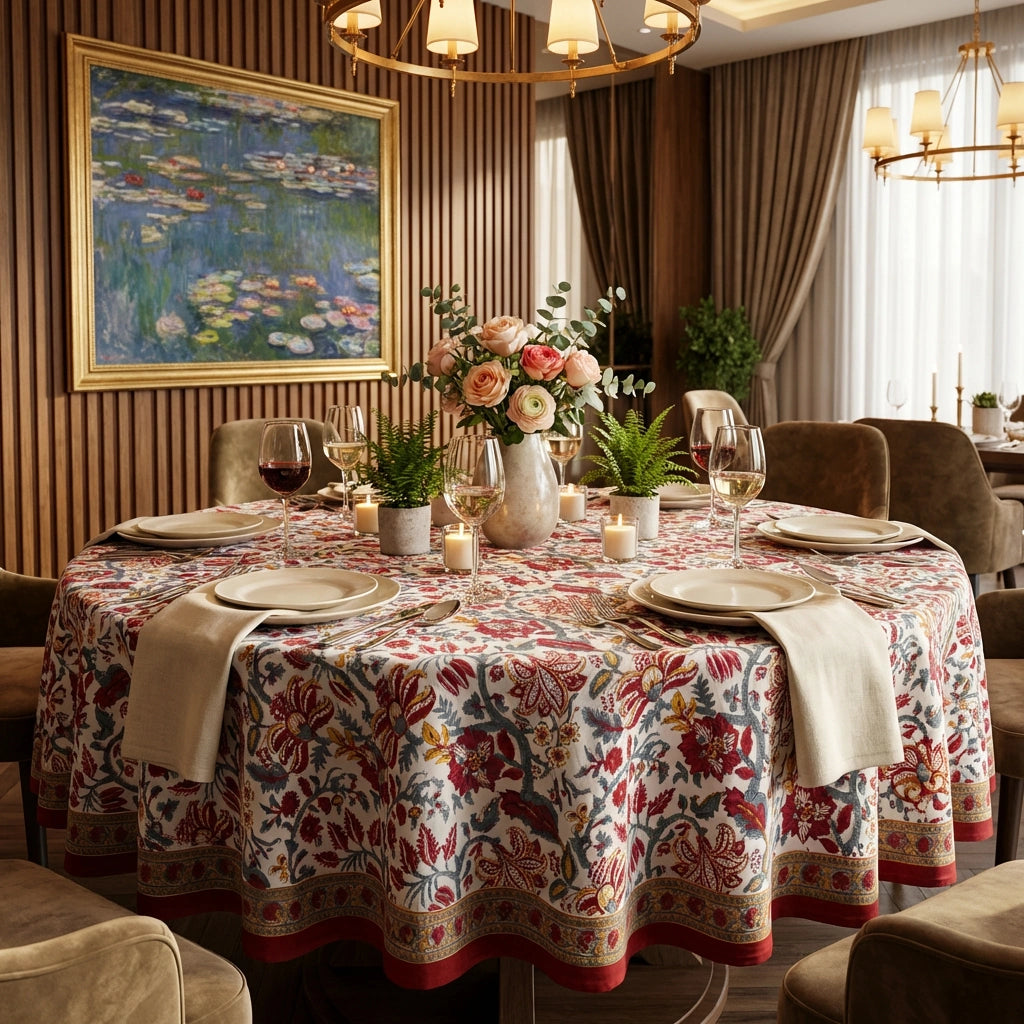 A round dining table set in a warmly lit dining room, covered with a large floral tablecloth featuring red, pink, blue, and gold botanical motifs. The table is styled with white plates, folded cream napkins, wine glasses, candles, and a central floral arrangement.
