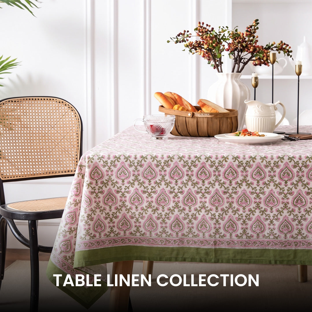 Hand Block Printed Cotton Tablecloth 180x340 cms | Two Stripe Starlight 202212