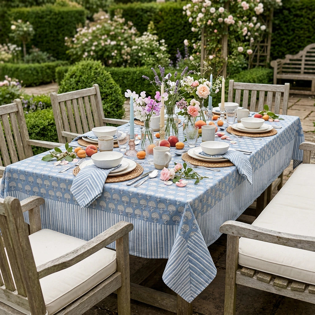 A blue and white patterned tablecloth with matching napkins is styled on an outdoor garden table surrounded by wooden chairs, floral centerpieces, and fresh fruit.