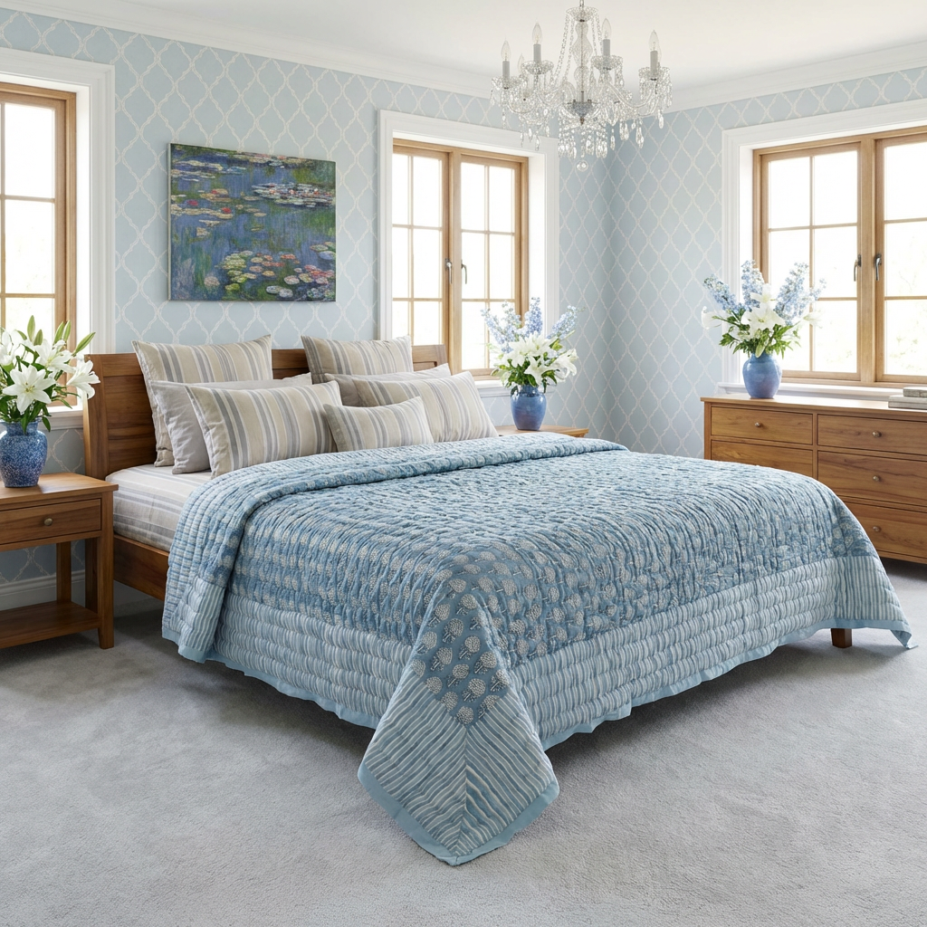 A light blue quilted bedding set with matching striped pillows, styled on a wooden bed in a bright, modern bedroom with blue patterned wallpaper, a chandelier, and floral arrangements.