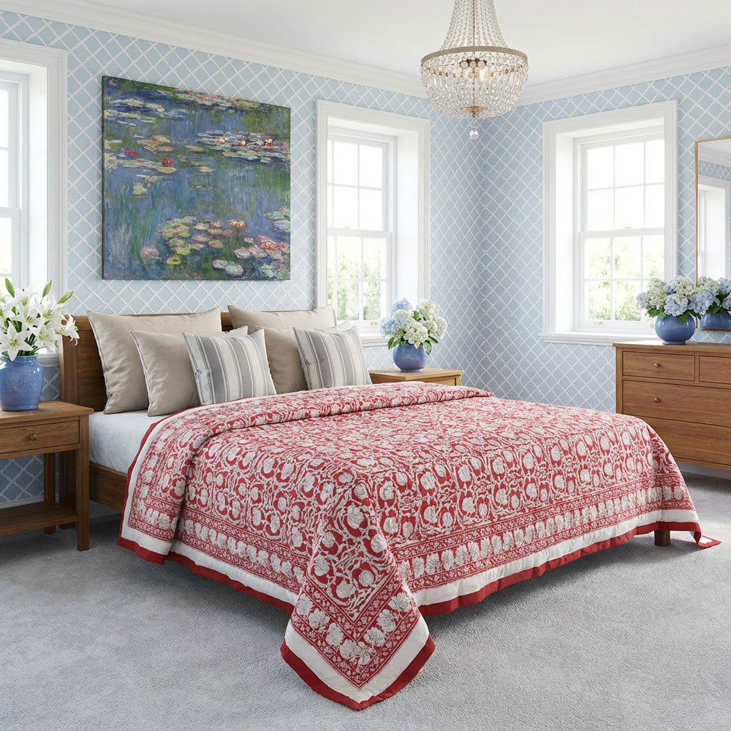 A red and white patterned quilted comforter set with matching shams and striped pillows on a wooden bed in a bright, light blue patterned bedroom.