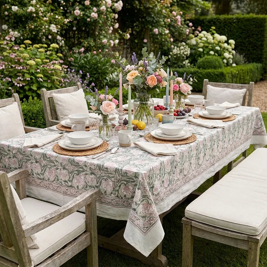 A rectangular outdoor dining table set in a garden with a floral tablecloth, white plates, folded napkins, woven placemats, candles, and flower arrangements. Wooden chairs and a bench with cream cushions surround the table, with green hedges and flowering plants in the background.