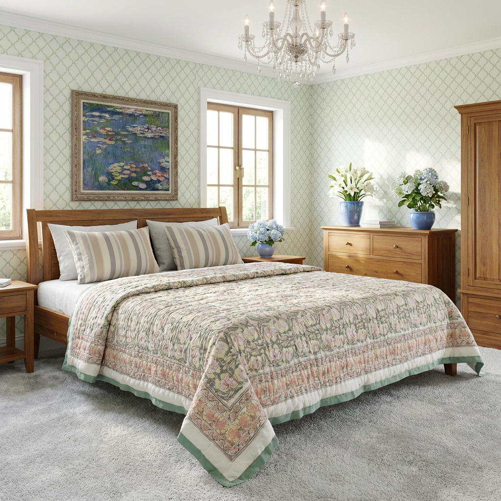 A beautifully styled bedroom featuring a bed dressed in a detailed, multi-colored patterned quilt and striped pillows, set against light green patterned wallpaper and a wooden headboard.