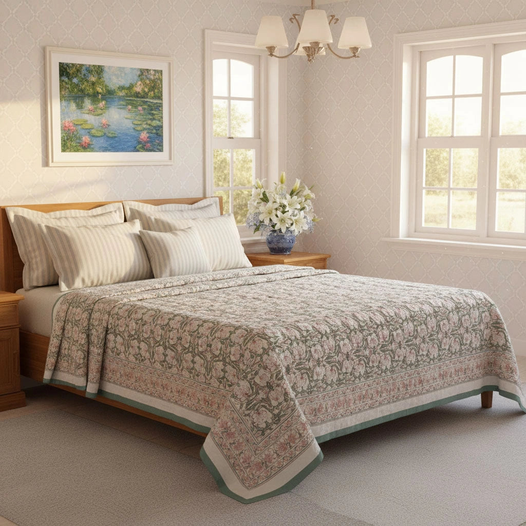 Hand Block Printed Cotton Queen Size Quilt | Bauhaus Beige Gud 505032