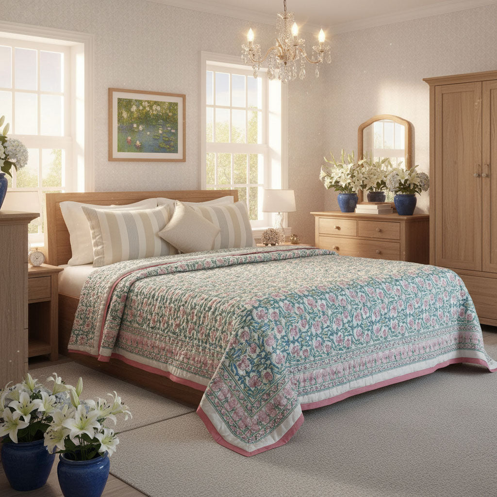 Soft Mulmul Cotton Quilt Bauhaus Pink Flower