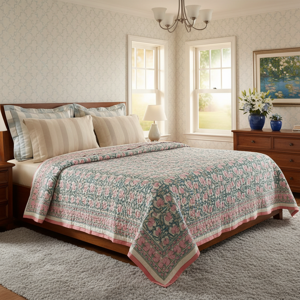 A floral quilted comforter in pink, green, and beige tones is styled on a wooden bed in a bright, classic bedroom with patterned wallpaper, two windows, and a wooden dresser.