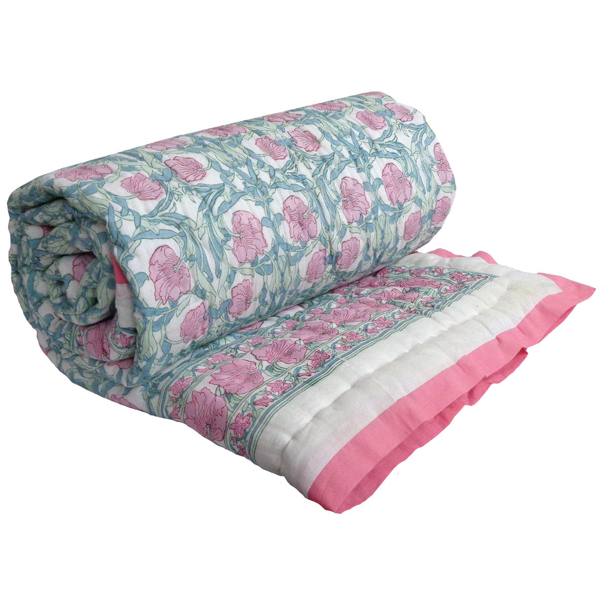 A rolled-up quilted blanket featuring a pink and green floral pattern on a white background, with a solid pink border.