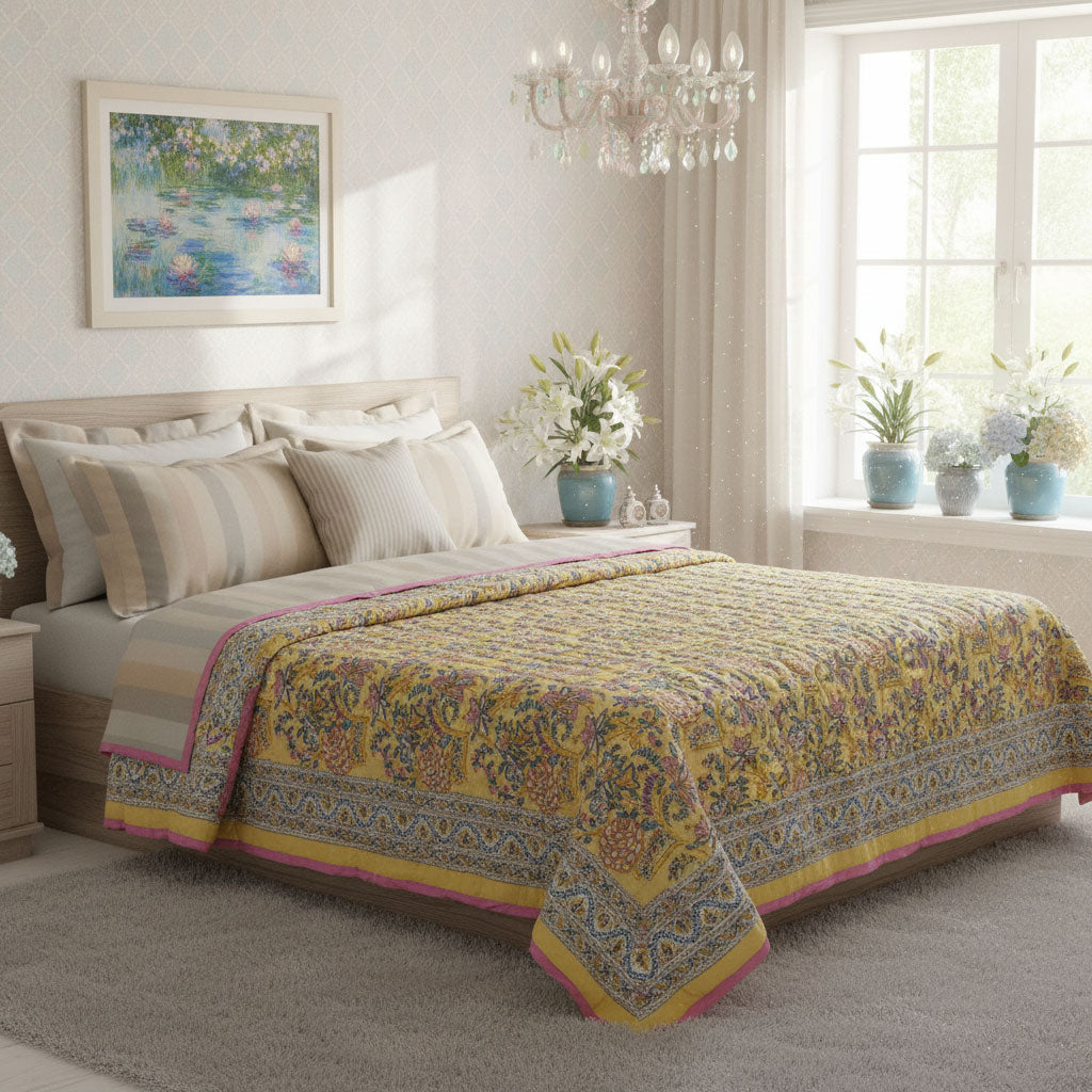 Hand Block Printed Cotton Queen Size Quilt | Bela Lime 906220