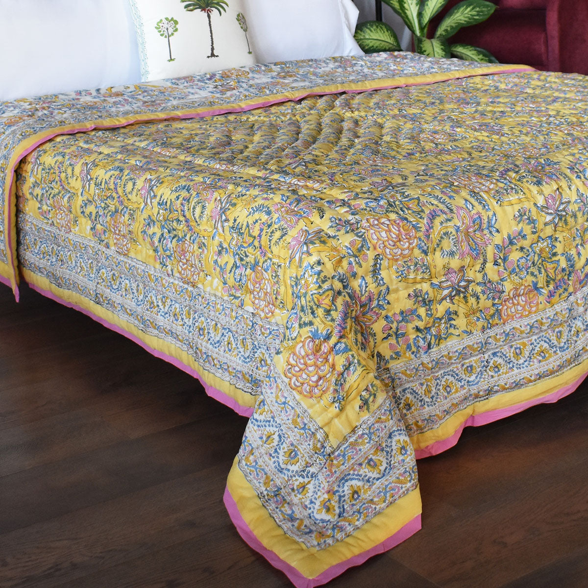 Hand Block Printed Cotton Queen Size Quilt | Bela Lime 906220