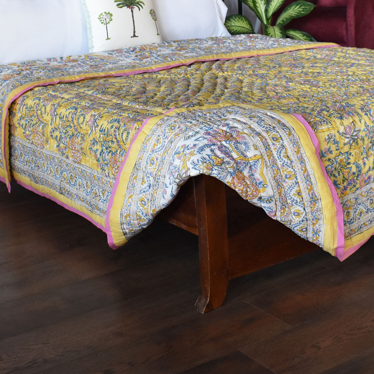 Hand Block Printed Cotton Queen Size Quilt | Bela Lime 906220