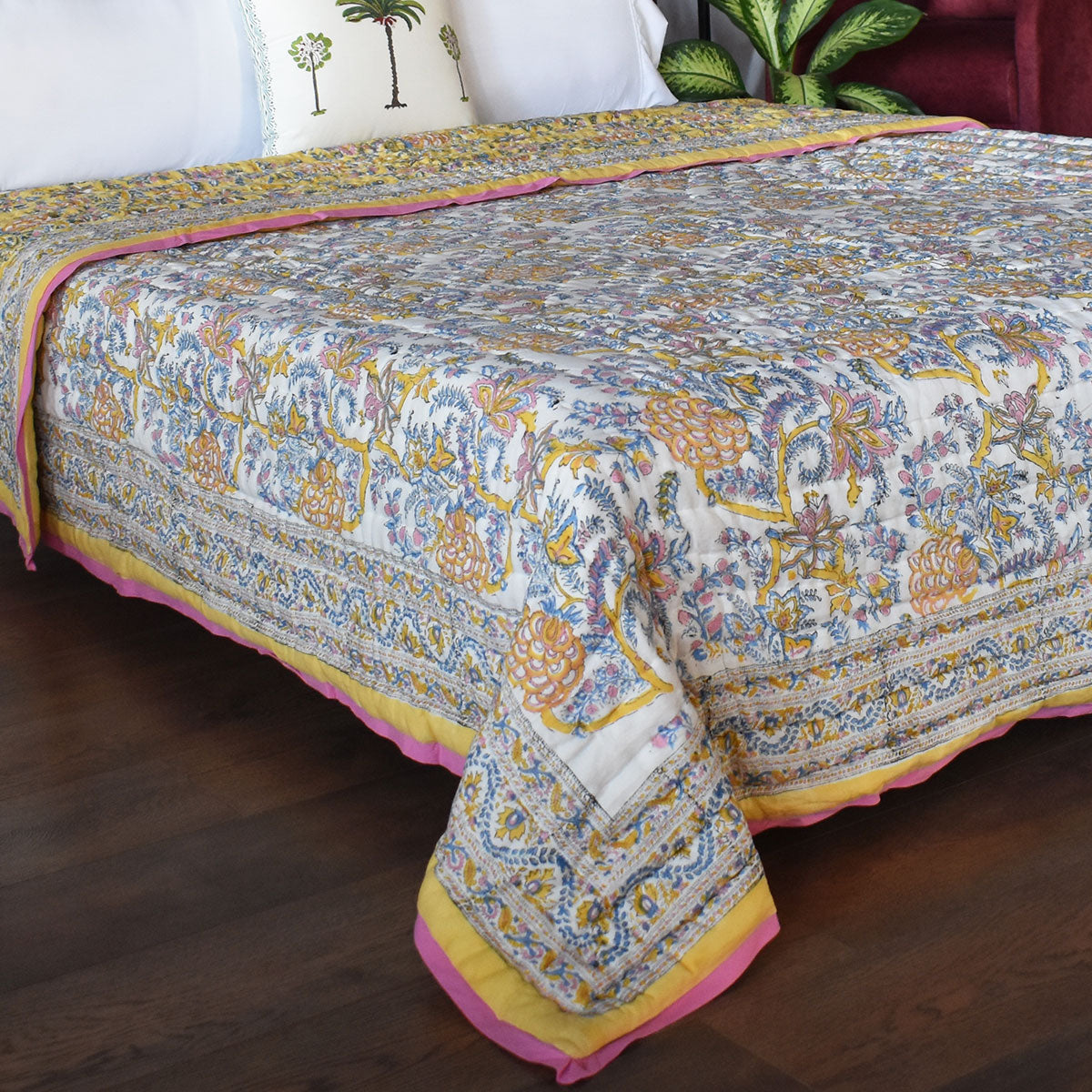 Hand Block Printed Cotton Queen Size Quilt | Bela Lime 906220