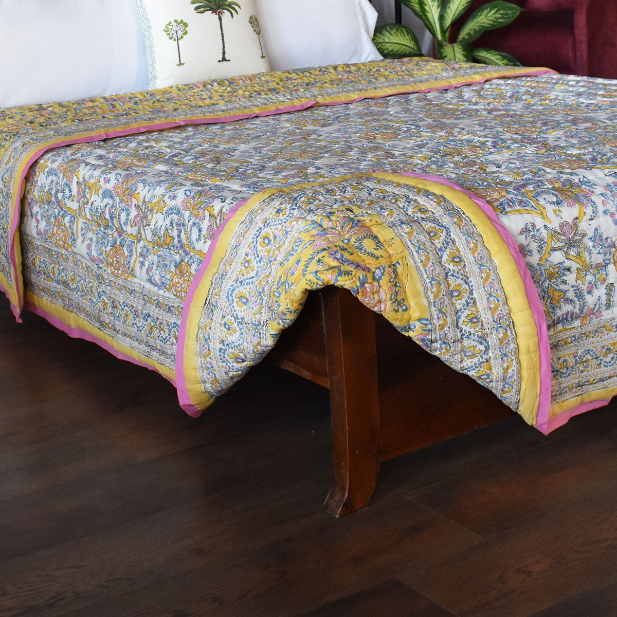 Hand Block Printed Cotton Queen Size Quilt | Bela Lime 906220