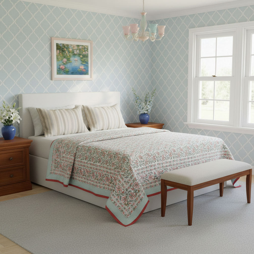 A beautifully styled bedroom featuring a white bed dressed in a light blue and pink floral patterned quilt and striped pillows, set against a light blue patterned wallpaper background with a wooden bench at the foot of the bed.