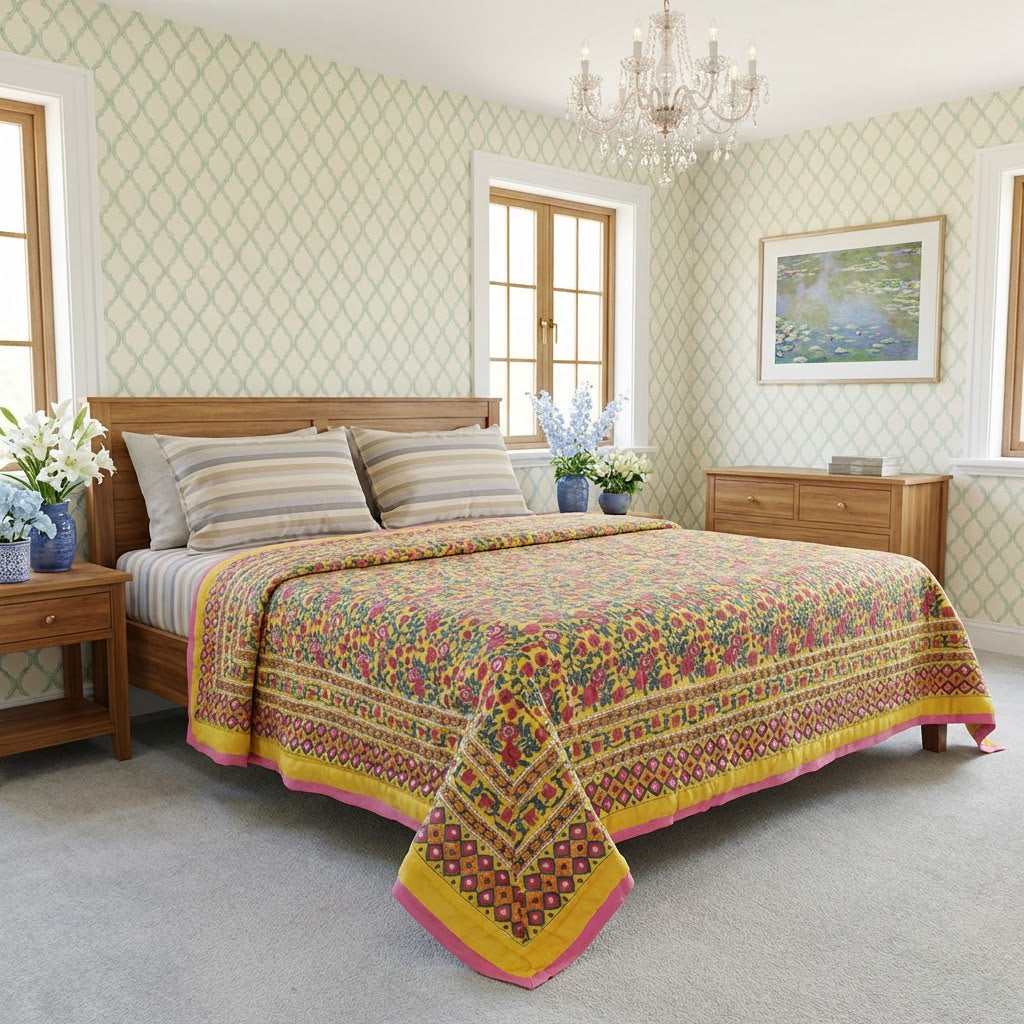 A colorful patterned quilted bedspread with yellow, pink, and orange geometric borders is styled on a wooden bed in a bright, patterned wallpapered bedroom.