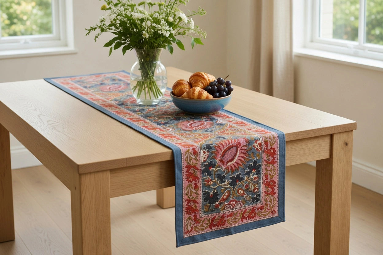 A rectangular table runner with a traditional Indian-style floral pattern in red, blue, and beige, styled on a light wood dining table with a vase of flowers and a bowl of fruit in a bright room.