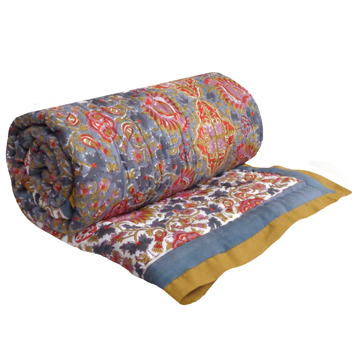 A rolled and partially unrolled quilted blanket featuring a detailed multicolor paisley pattern with a solid mustard yellow border, set against a plain white background.