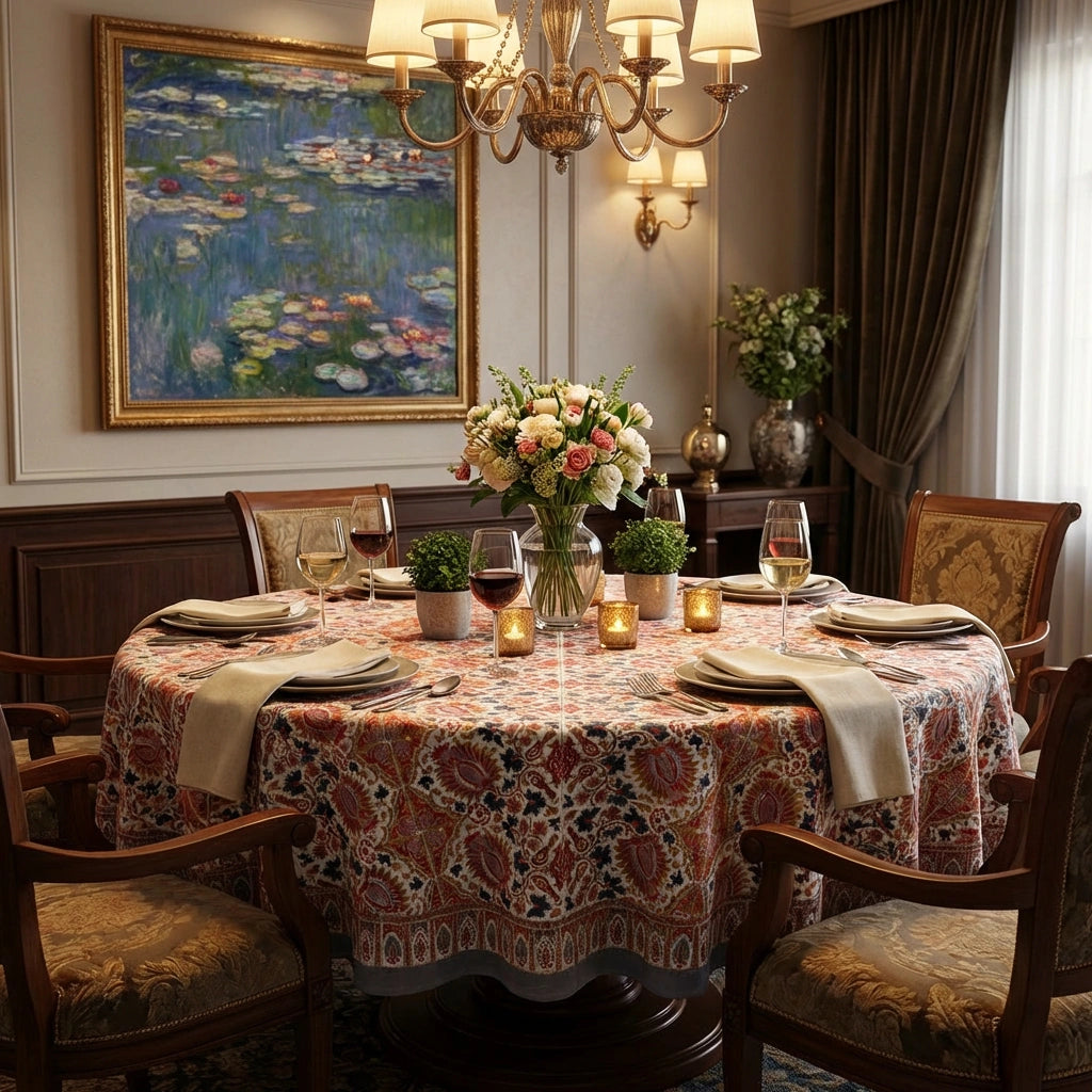 A round dining table covered with a detailed red, beige, and blue paisley tablecloth, set with wine glasses, plates, and a floral centerpiece in a warmly lit dining room.