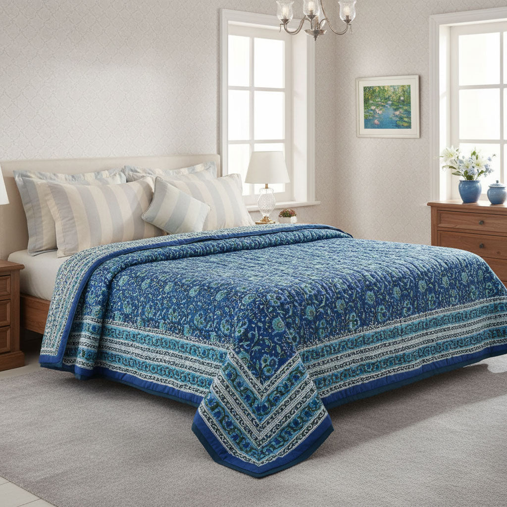Hand Block Print Quilt Double | Blue Berry Blossom 251203