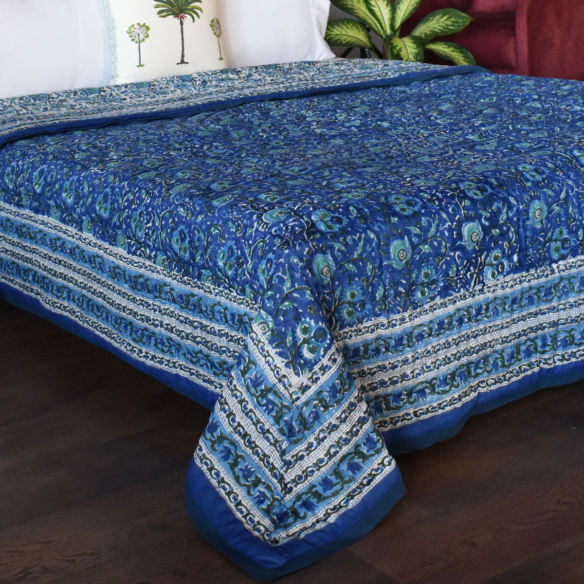 Hand Block Print Quilt Double | Blue Berry Blossom 251203