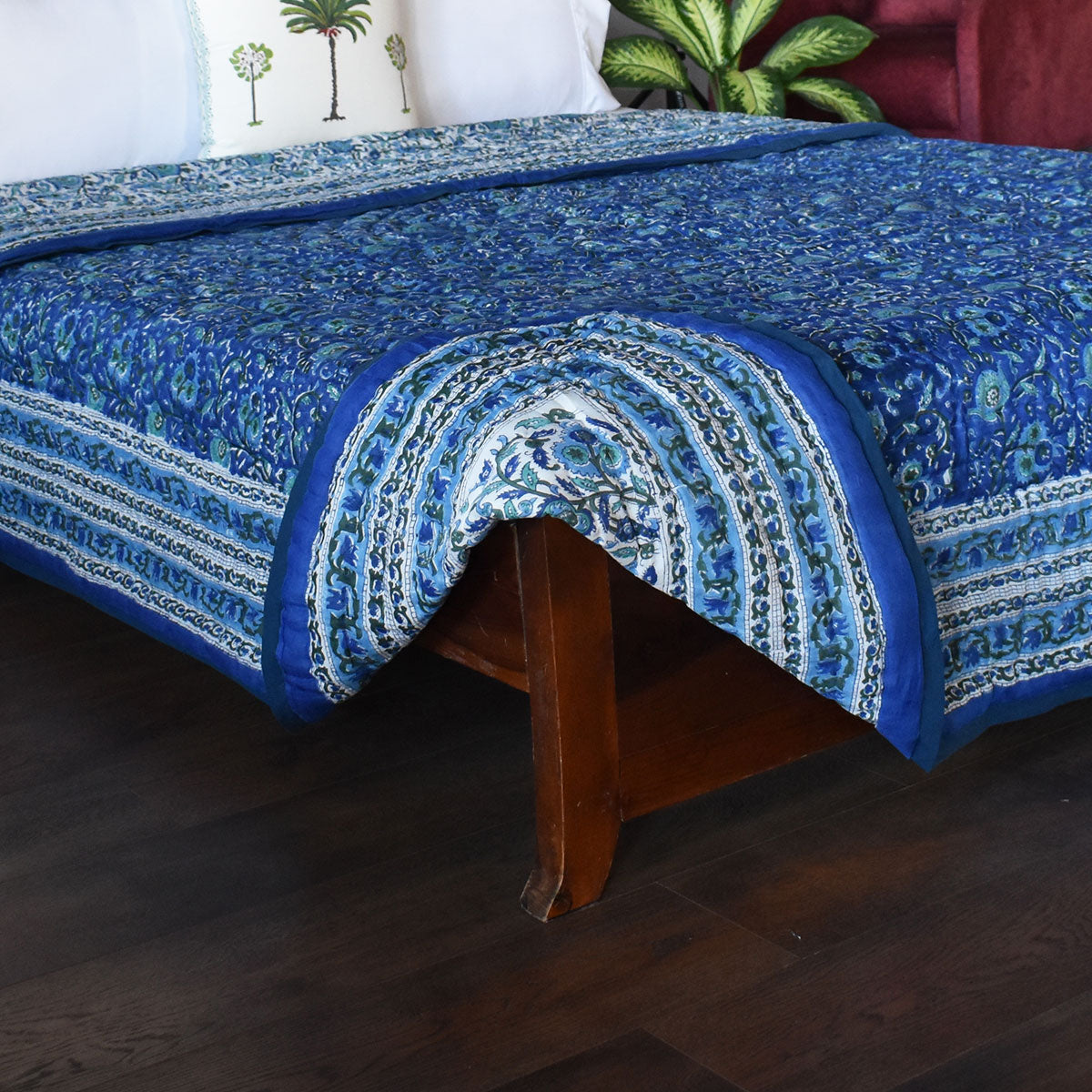 Hand Block Print Quilt Double | Blue Berry Blossom 251203