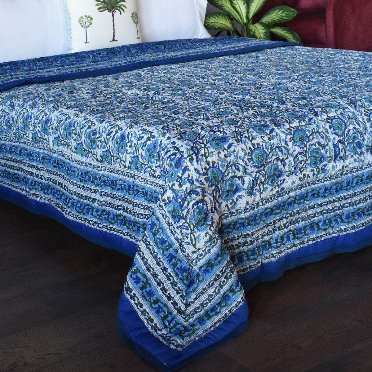 Hand Block Print Quilt Double | Blue Berry Blossom 251203