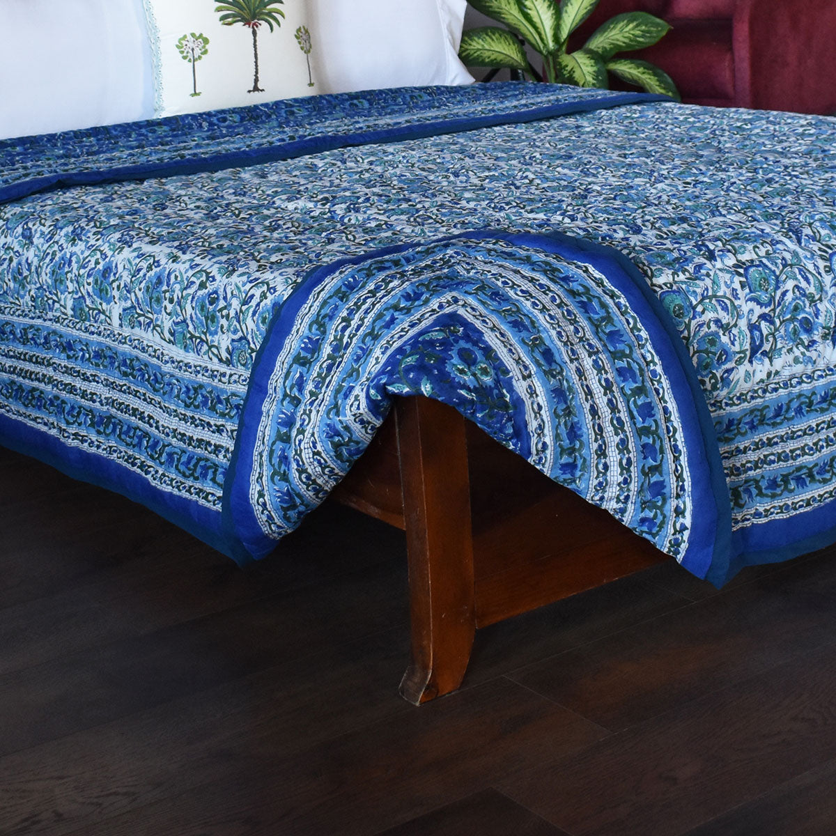Hand Block Print Quilt Double | Blue Berry Blossom 251203