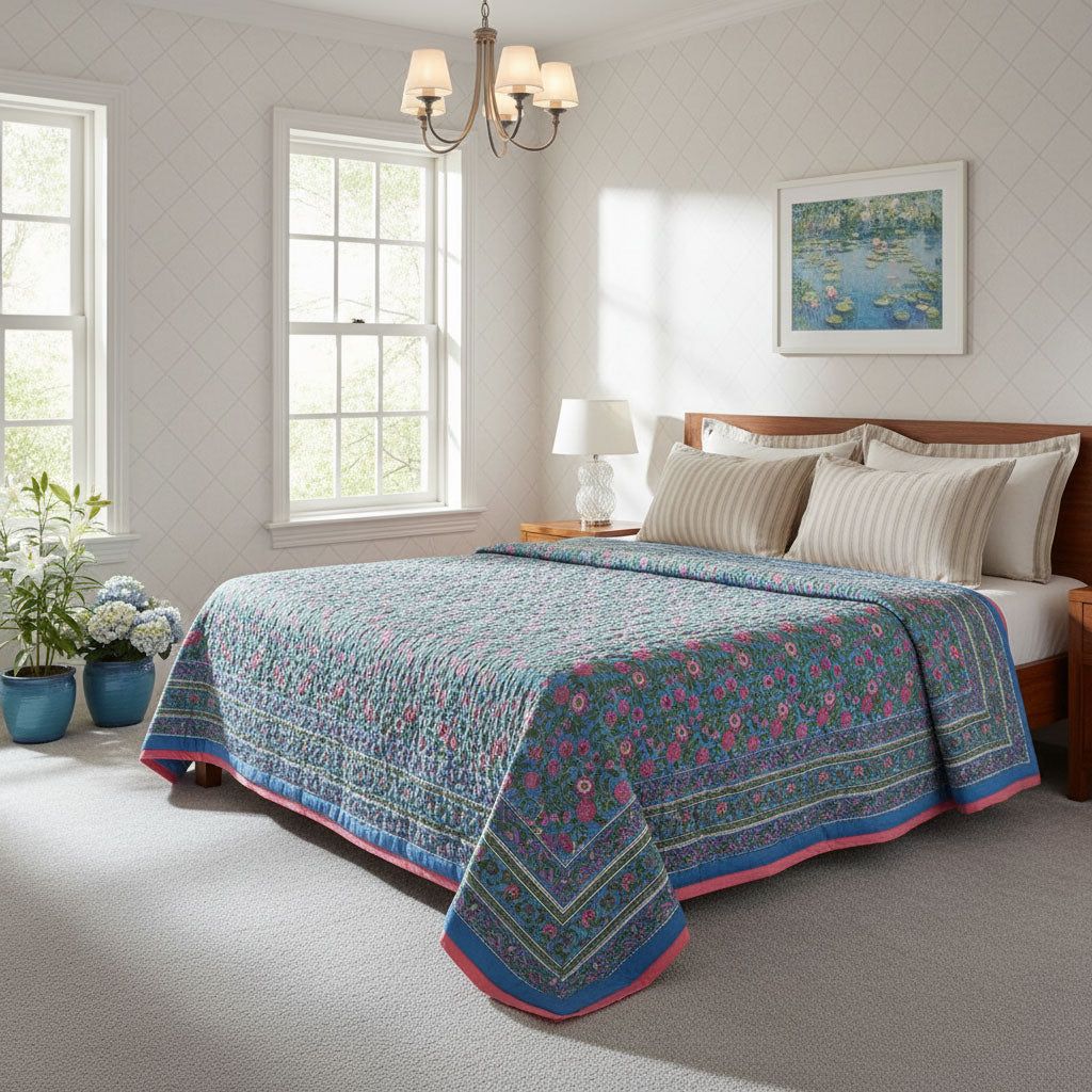A colorful patterned quilted bedspread with blue, pink, and green motifs is styled on a wooden bed in a bright, modern bedroom with white walls, windows, and neutral-toned bedding.