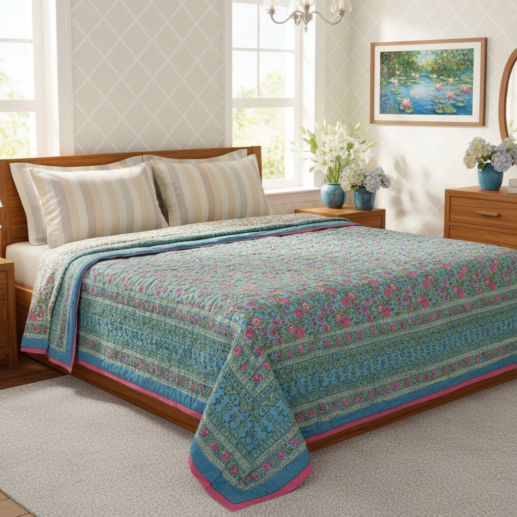 •	Hand Block Printed Bedding King Size | Blue Pink Blossom 701397