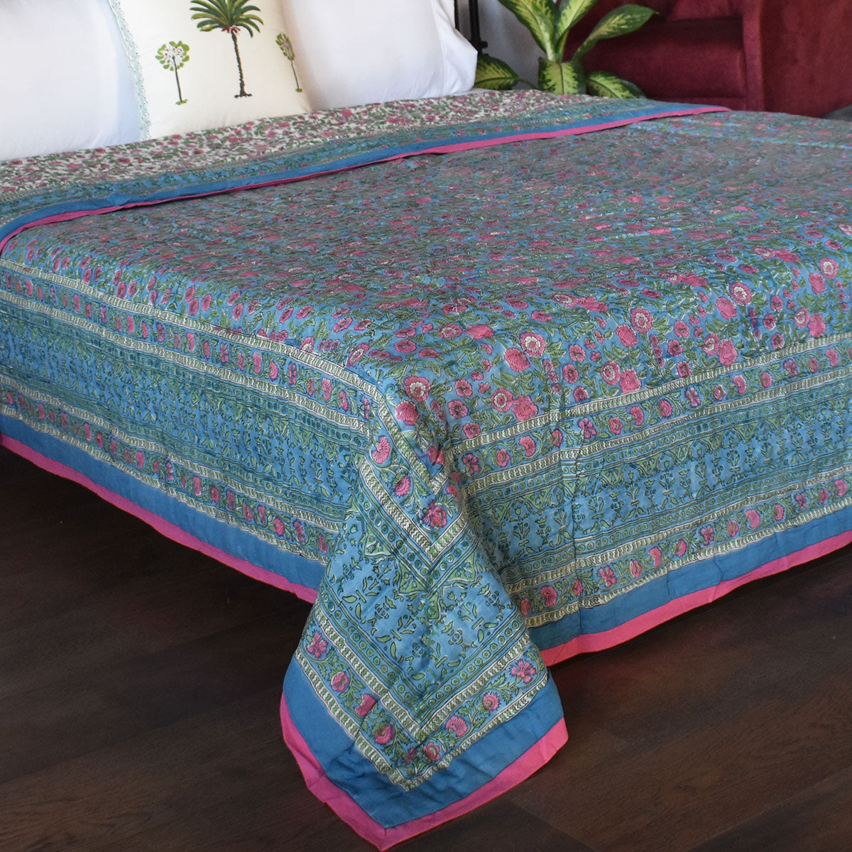 •	Hand Block Printed Bedding King Size | Blue Pink Blossom 701397