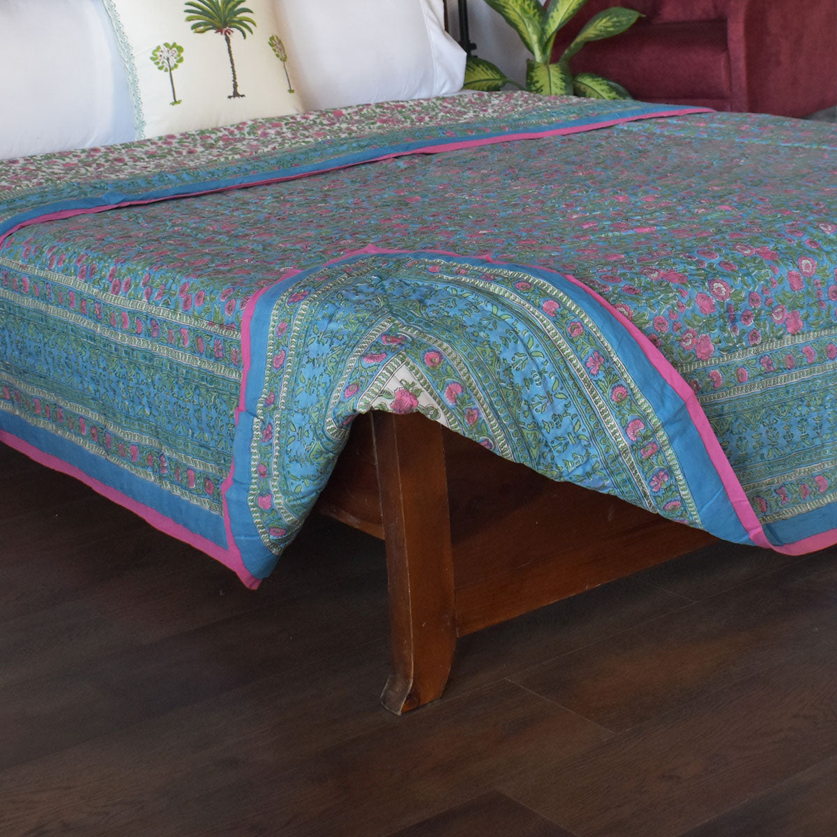 •	Hand Block Printed Bedding King Size | Blue Pink Blossom 701397