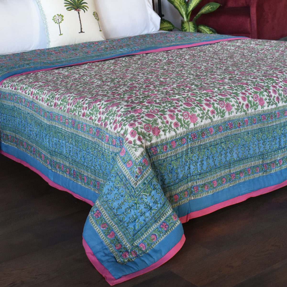 •	Hand Block Printed Bedding King Size | Blue Pink Blossom 701397