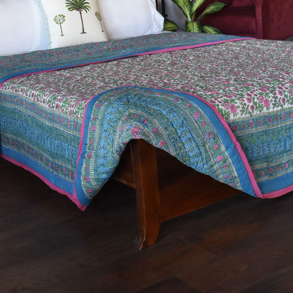 •	Hand Block Printed Bedding King Size | Blue Pink Blossom 701397