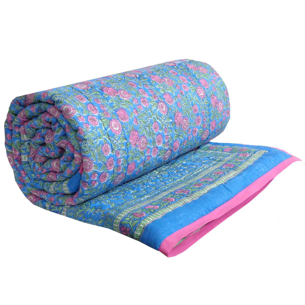 •	Hand Block Printed Bedding King Size | Blue Pink Blossom 701397