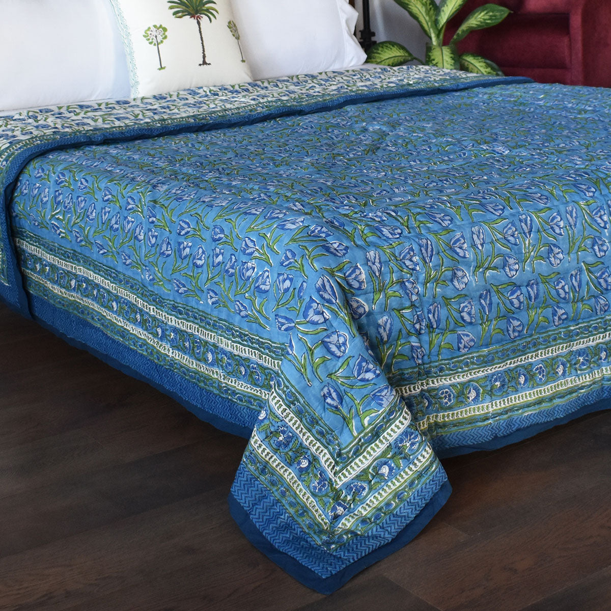 Rajasthani Textile Art Throw Single Size Quilt | Blue Tulip 601675