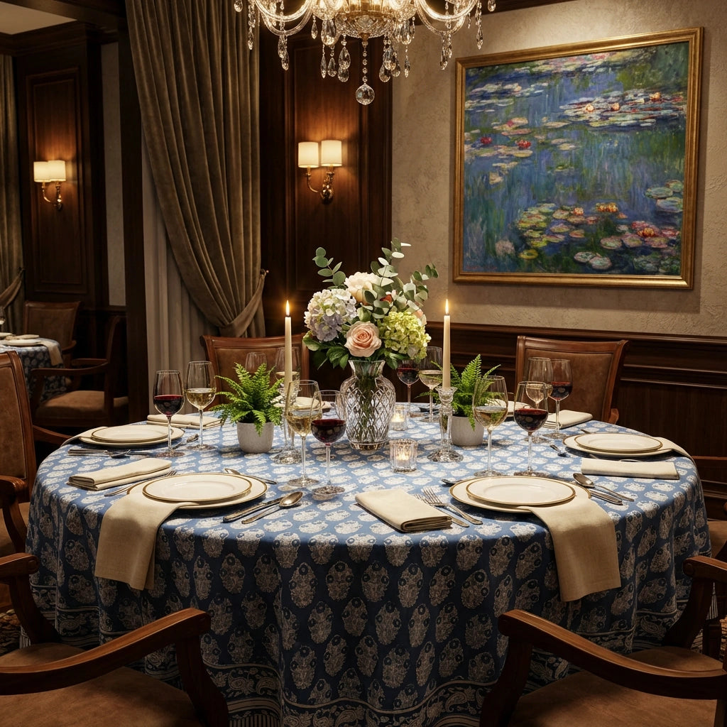 Artisan Crafted Round Table Cover Boota Aster Blue