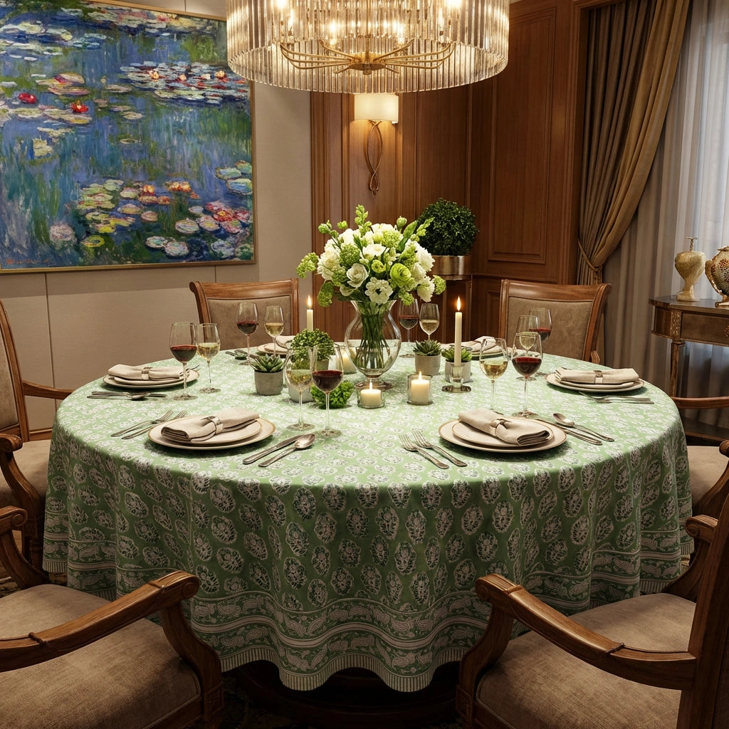 A round dining table covered with a green damask-patterned tablecloth, set with plates, wine glasses, candles, and a floral centerpiece in a warmly lit dining room.