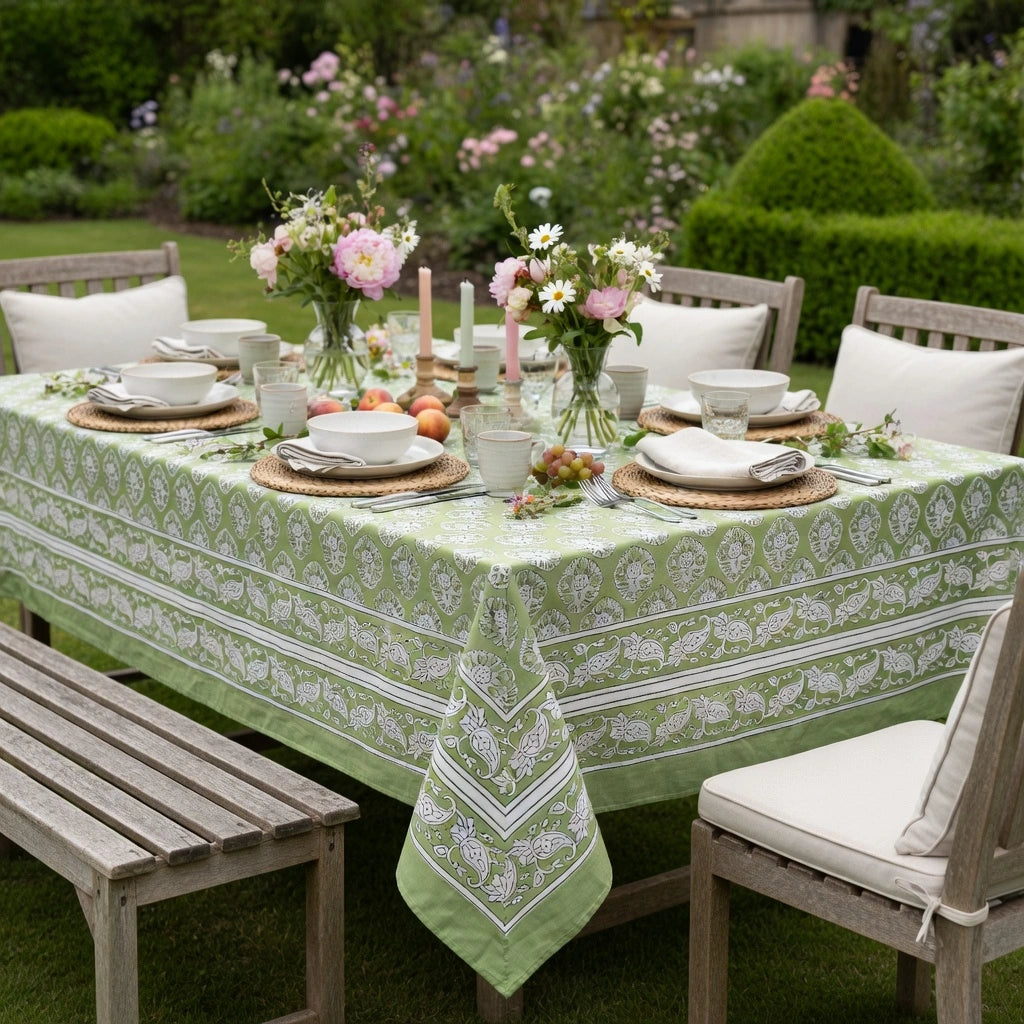 A green and white patterned tablecloth draped over a wooden dining table set outdoors in a garden, with white chairs, floral centerpieces, and place settings.
