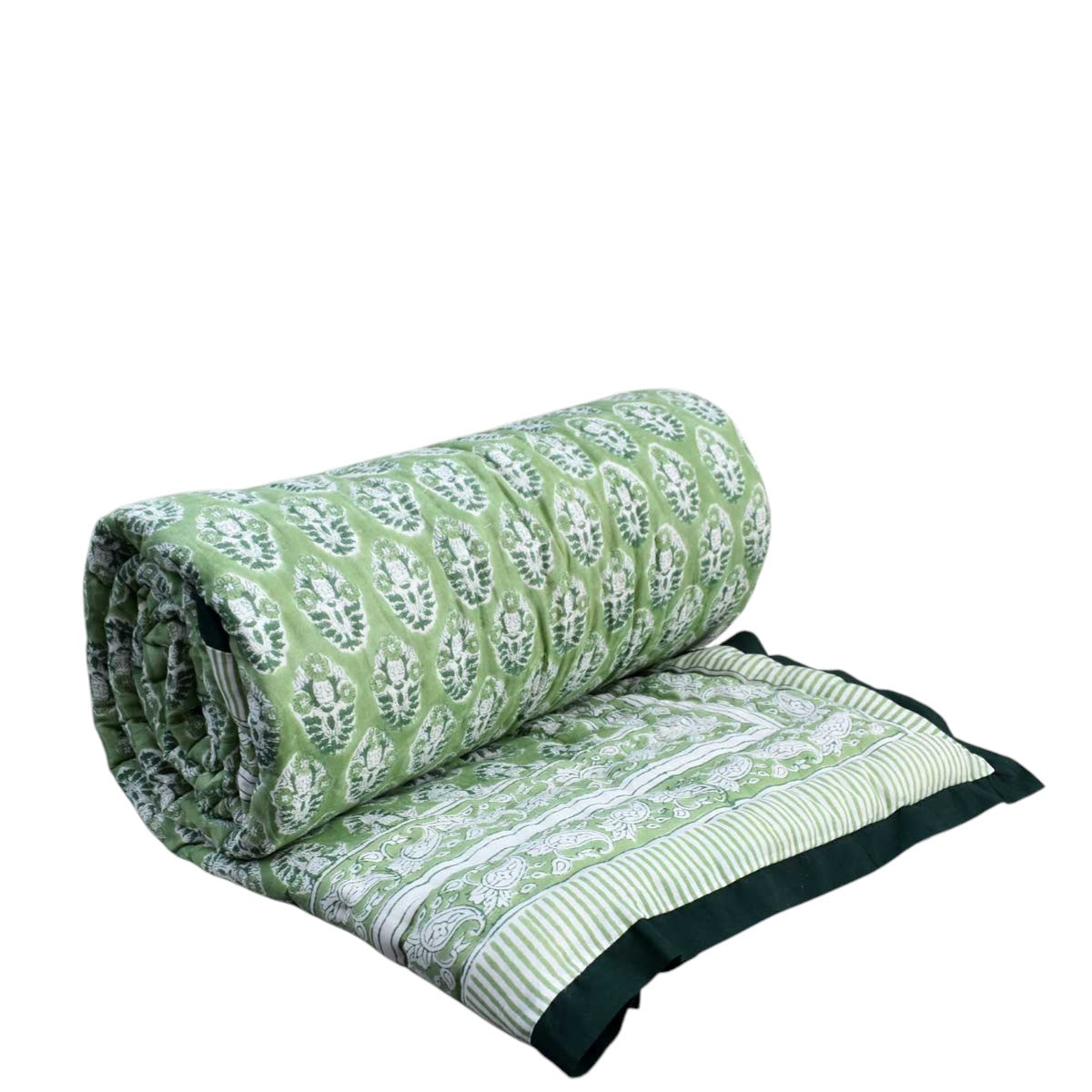 A rolled-out quilted comforter with a sage green and white floral block print pattern, featuring a dark green striped border.