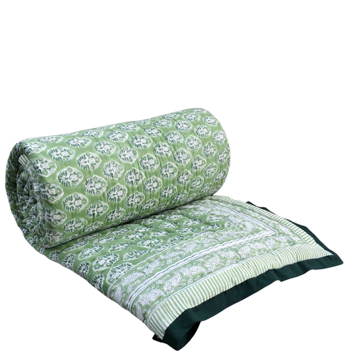 Hand Block Printed Cotton Medium Size Quilt | Boota Celadon Green Gud 100673