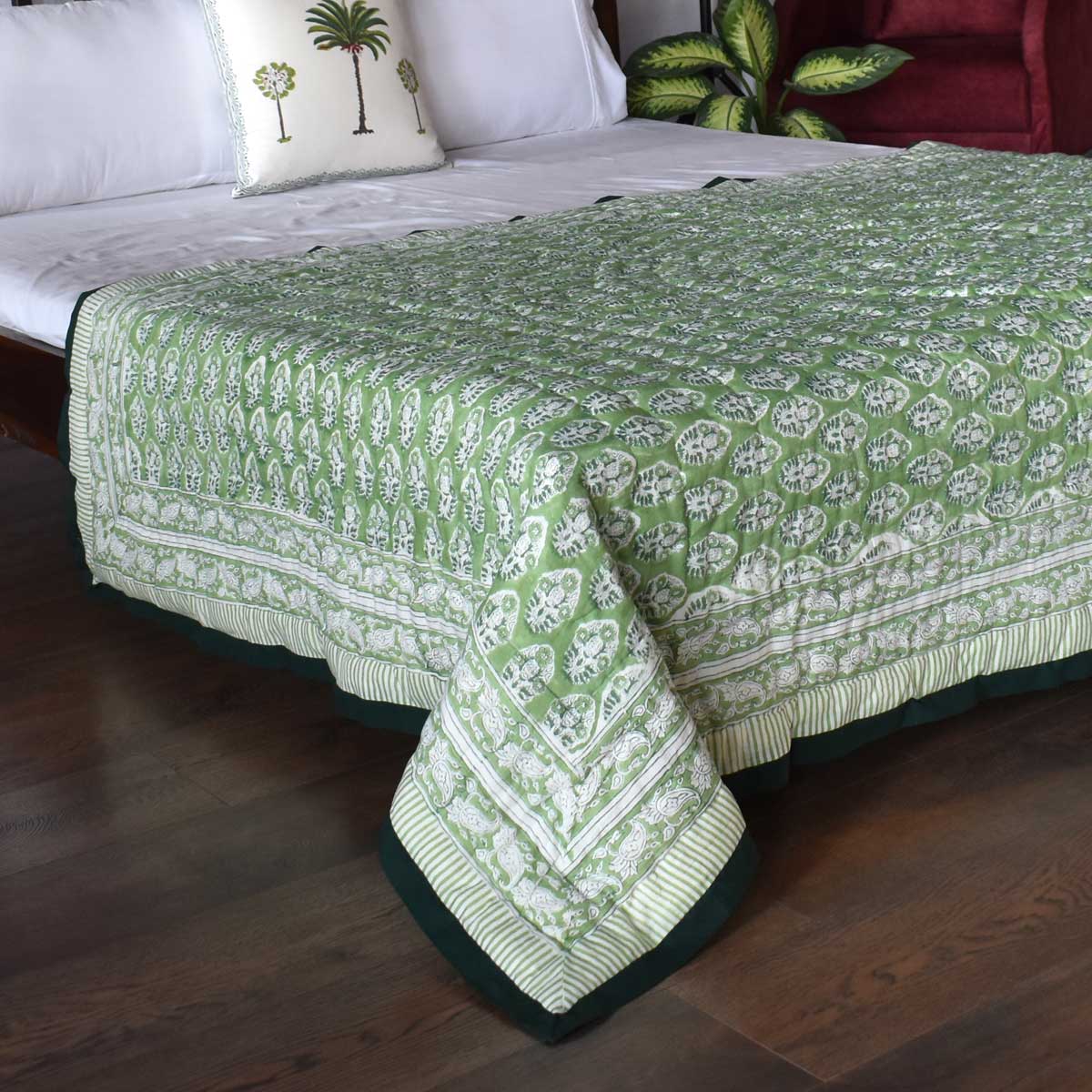 Authentic Jaipuri Razai Single Size Quilt | Boota Celadon Green Gud 100673
